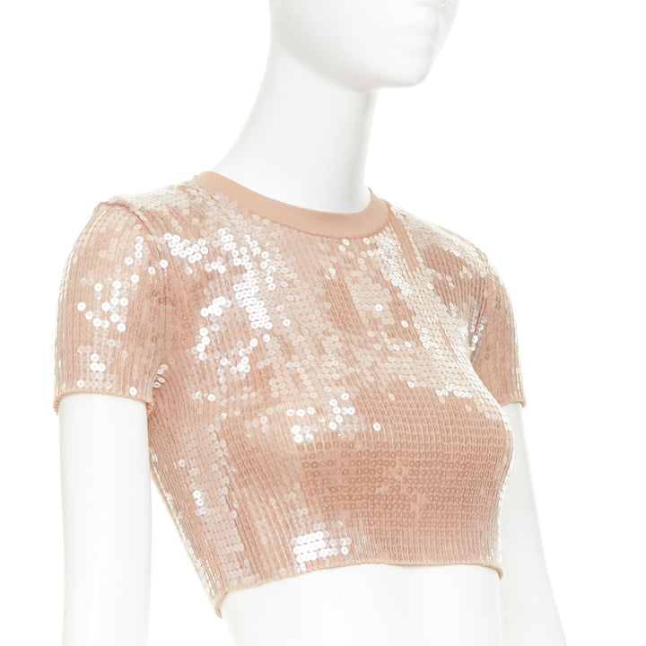ALEXANDER WANG 2023 Sequin Ribbed nude beige clear sequins cropped sweater XS