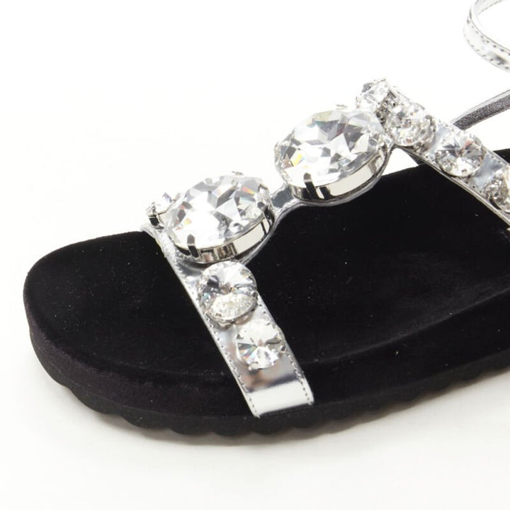 MIU MIU large rhinestone crystal metallic silver velvet flat sandals EU37