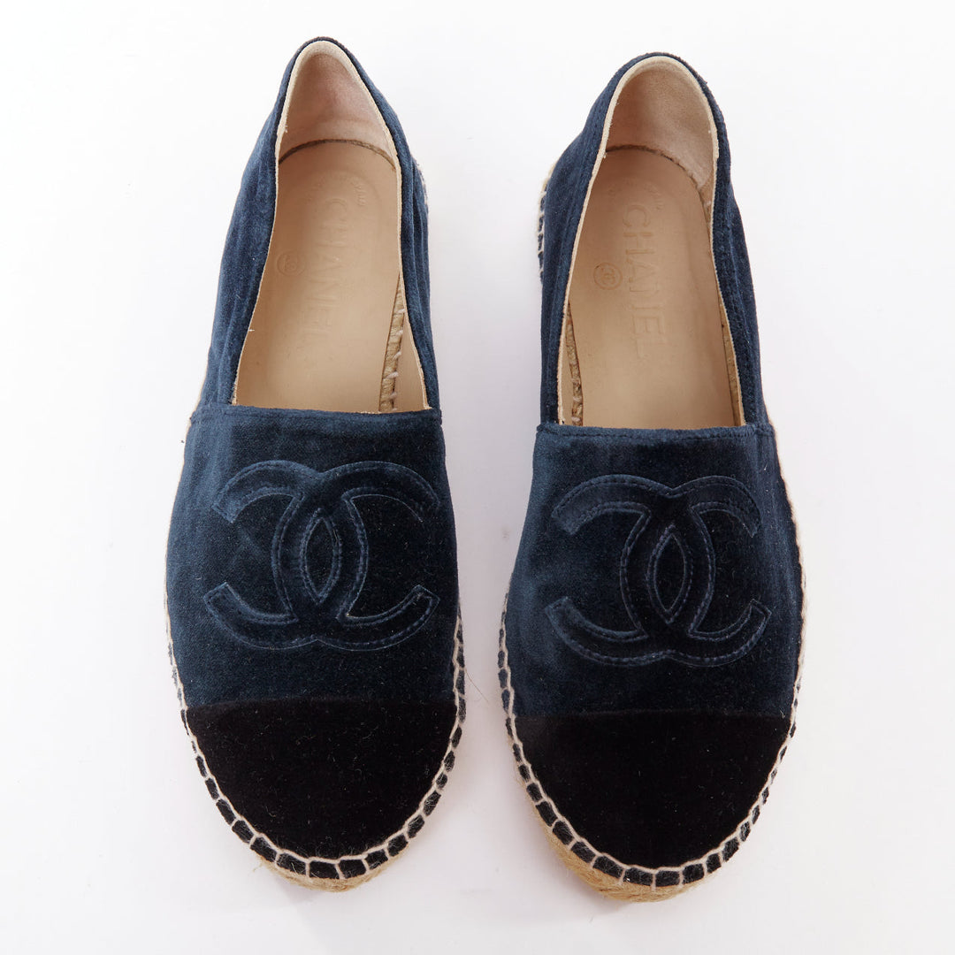 CHANEL navy velvet CC logo applique nude jute espadrille shoes EU37