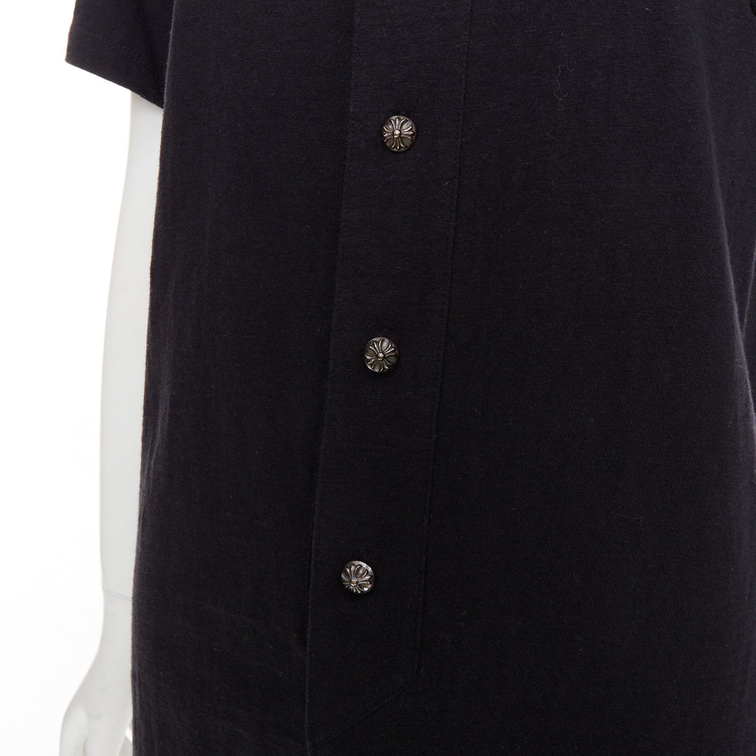 CHROME HEARTS black cotton CH leather patch silver cross button baseball shirt S