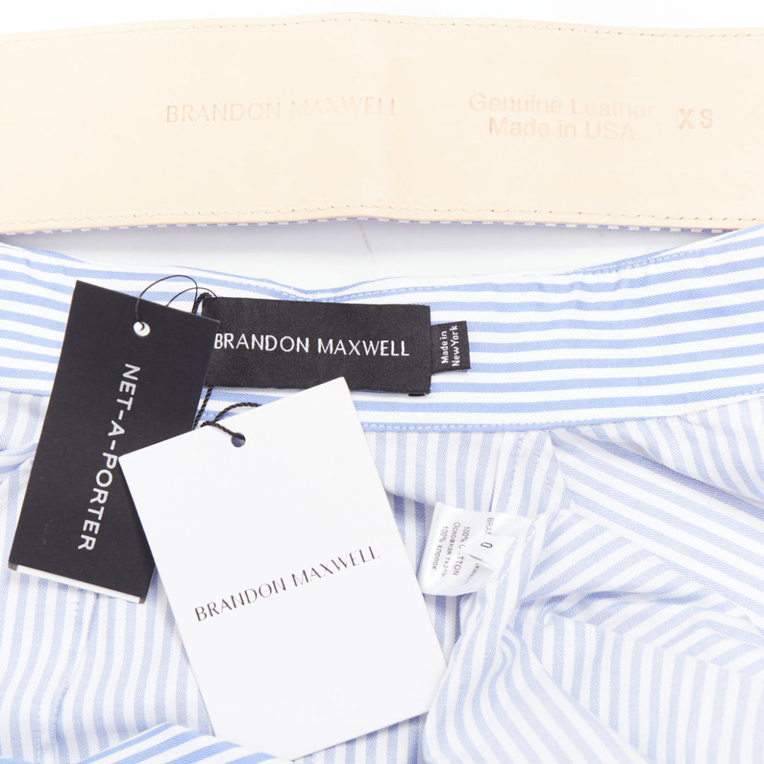BRANDON MAXWELL blue white striped cotton twill belted midi shirt dress US0 XS