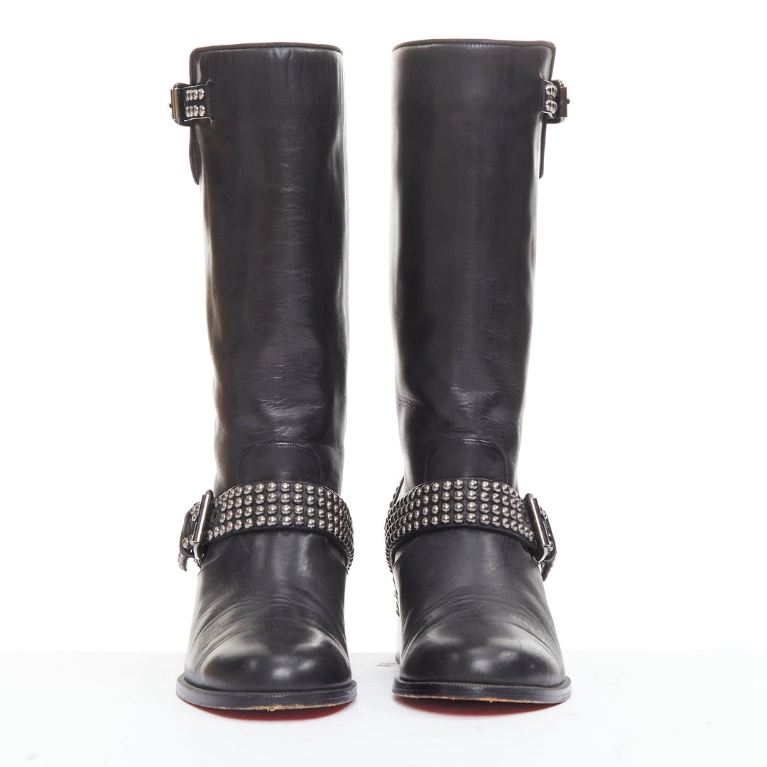 CHRISTIAN LOUBOUTIN Bicloubutu black silver studded moto biker wedged boots EU35