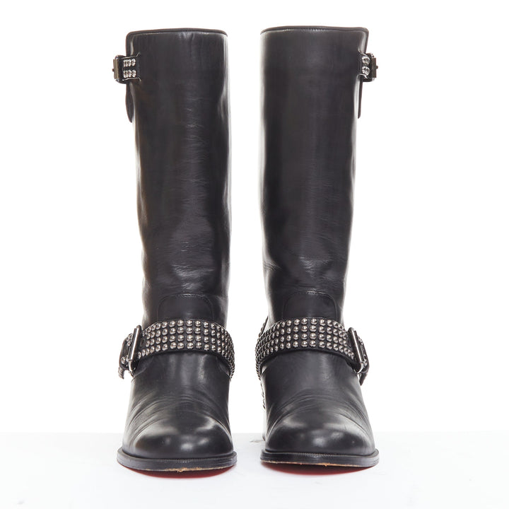 CHRISTIAN LOUBOUTIN Bicloubutu black silver studded moto biker wedged boots EU35