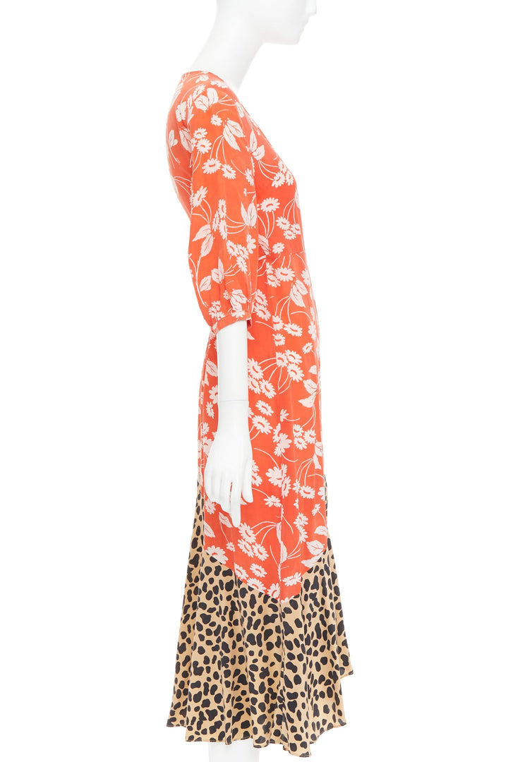 RIXO Noleen 100% silk coral red leopard floral print patchwork wrap dress S