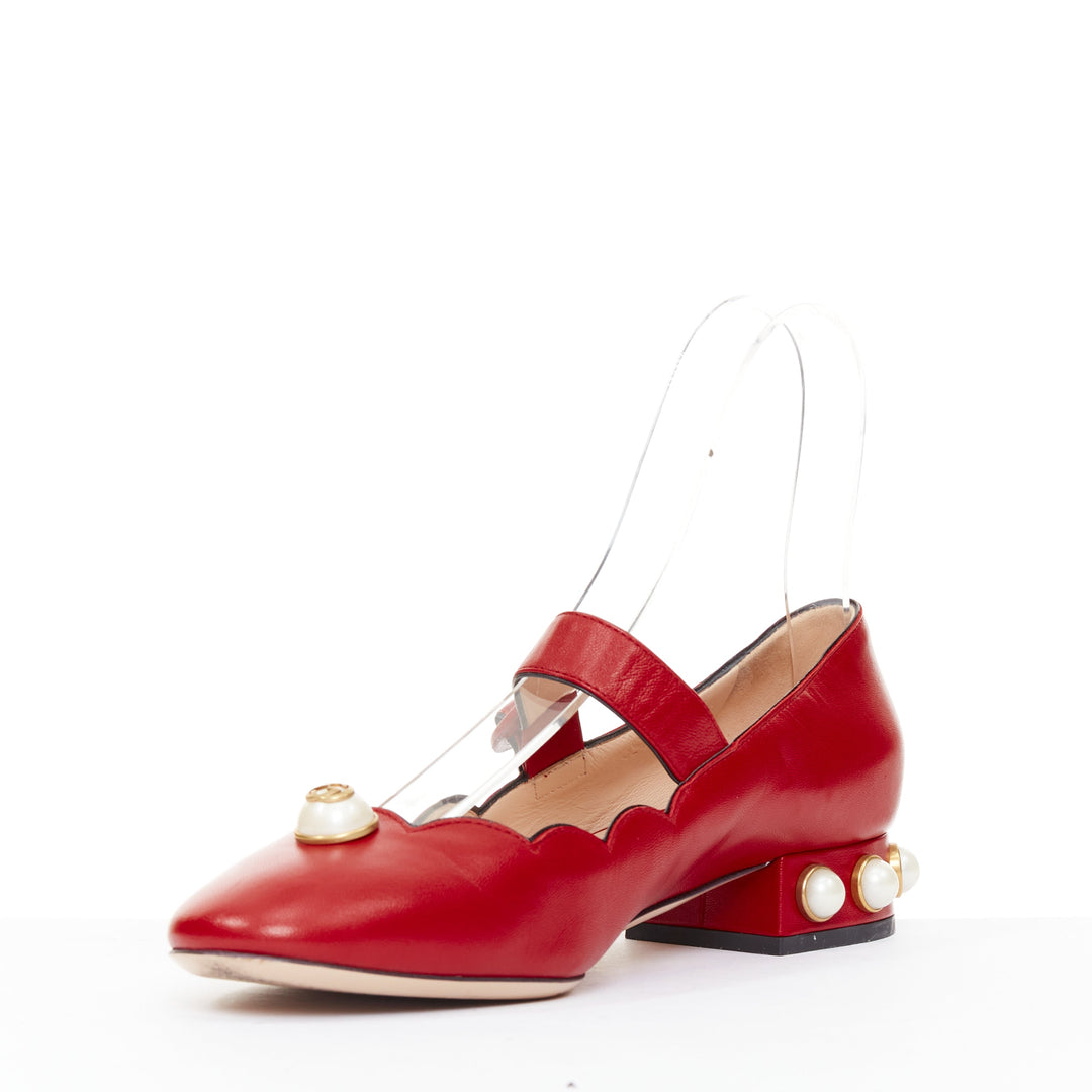 GUCCI Willow red calf leather GG pearl embellished scalloped maryjane shoes EU38