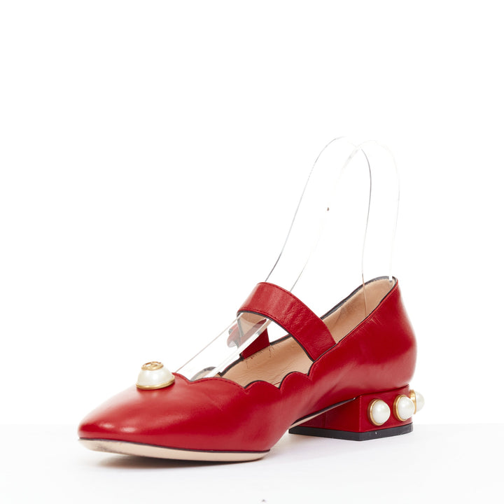 GUCCI Willow red calf leather GG pearl embellished scalloped maryjane shoes EU38