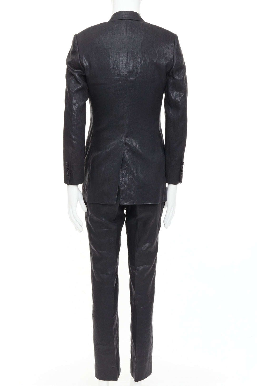 DOLCE GABBANA black linen metallic coated half canvas flap pocket suit IT44 XS