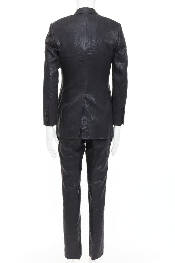 DOLCE GABBANA black linen metallic coated half canvas flap pocket suit IT44 XS