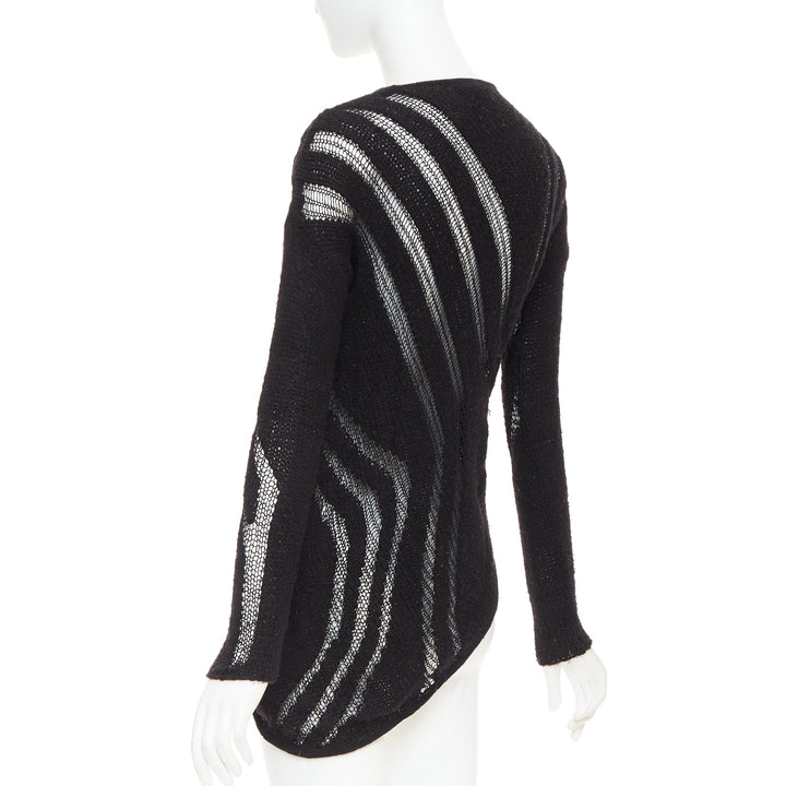 HELMUT LANG black graphic sheer lattice knit asymmetric hem knitted sweater P XS