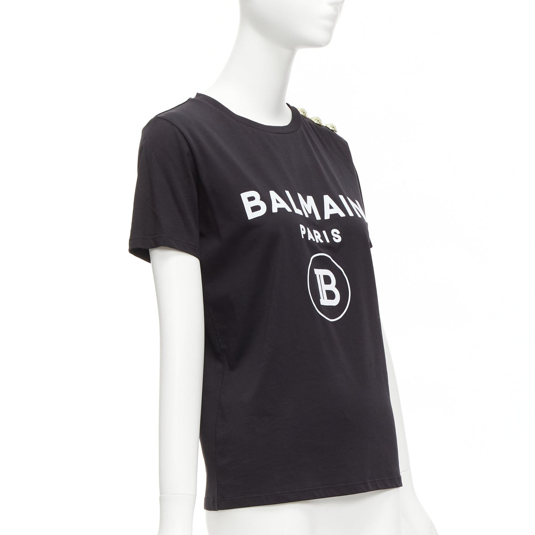 BALMAIN black white B logo gold military buttons tshirt FR34 XXS