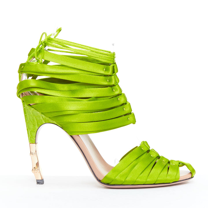 GUCCI Tom Ford 2004 Runway green satin corset gold bamboo sandal EU36C