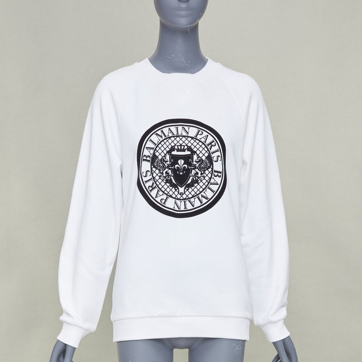 BALMAIN white cotton black flocked coin medallion logo raglan sweatshirt XXS
