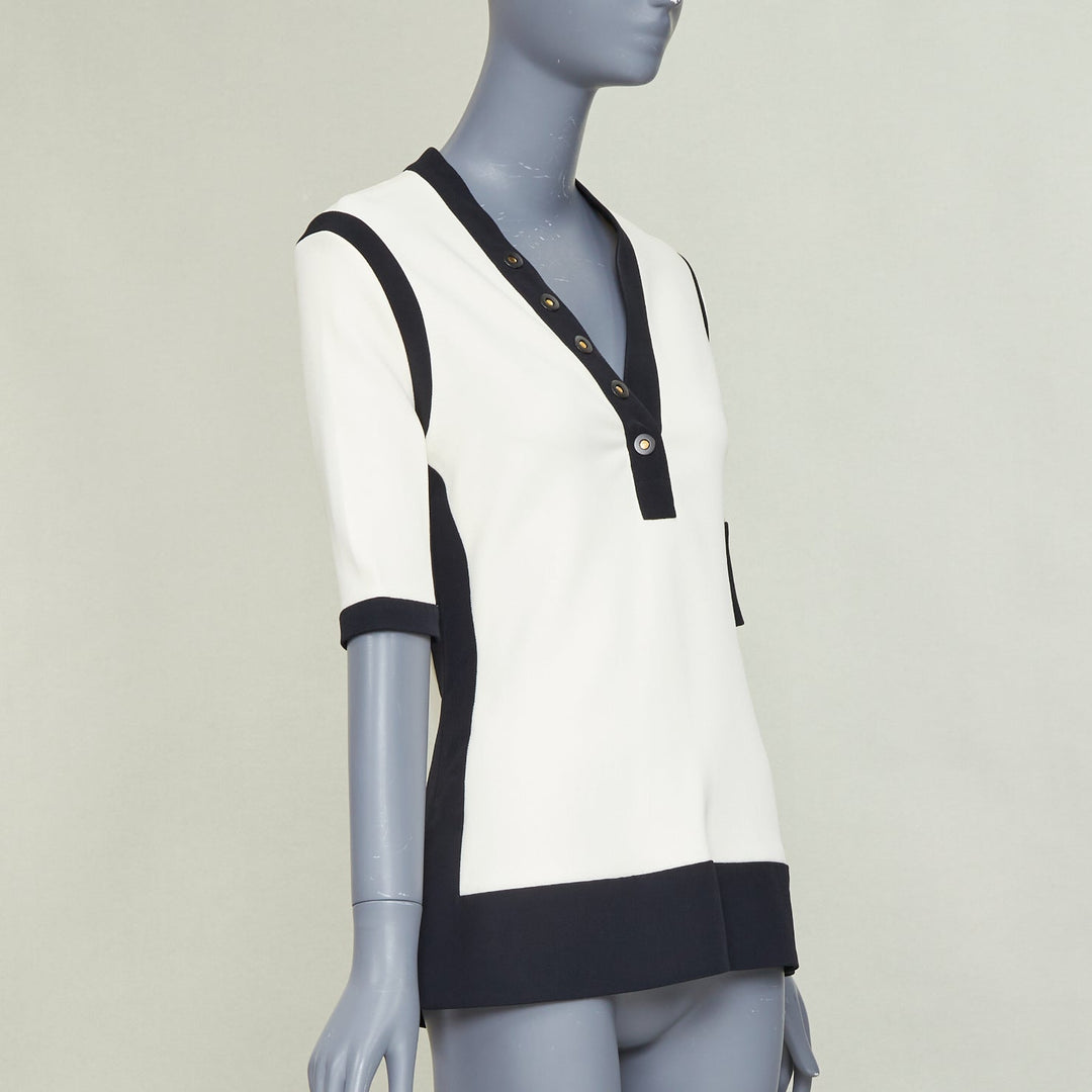 BALENCIAGA 2015 cream black rayon blend colorblock V neck button top FR38 M