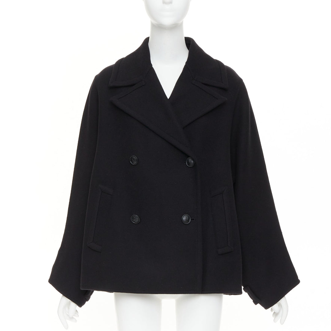 VALENTINO 2021 black wool blend boxy V logo double breasted coat IT40 S