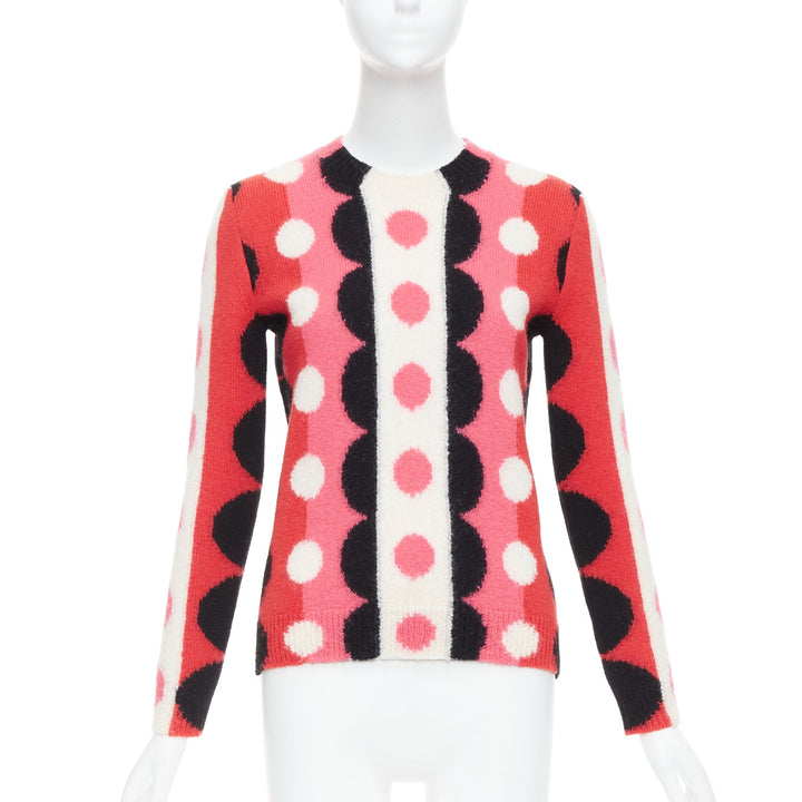 VALENTINO 2014 Runway  100% virgin wool pink red scallop graphic sweater XS