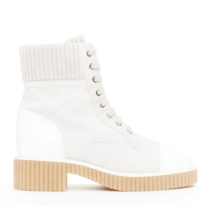 CHANEL 2020 white CC grey suede calfskin quilted combat boots EU38