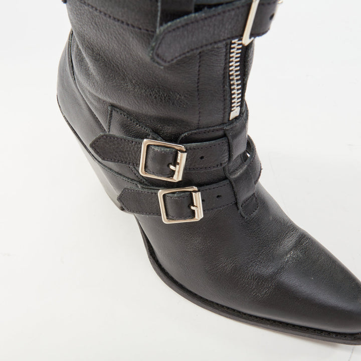 CELINE Phoebe Philo Berlin black leather triple buckle front zip biker boot EU36