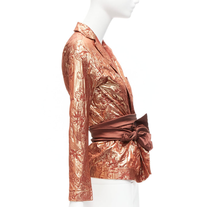 ROMEO GIGLI Vintage metallic rose gold baroque jacquard wrap belted shirt IT44 L