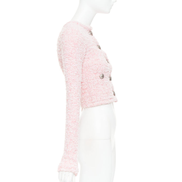 BALENCIAGA Demna 2024 pink cotton blend tweed BB logo cropped jacket XS