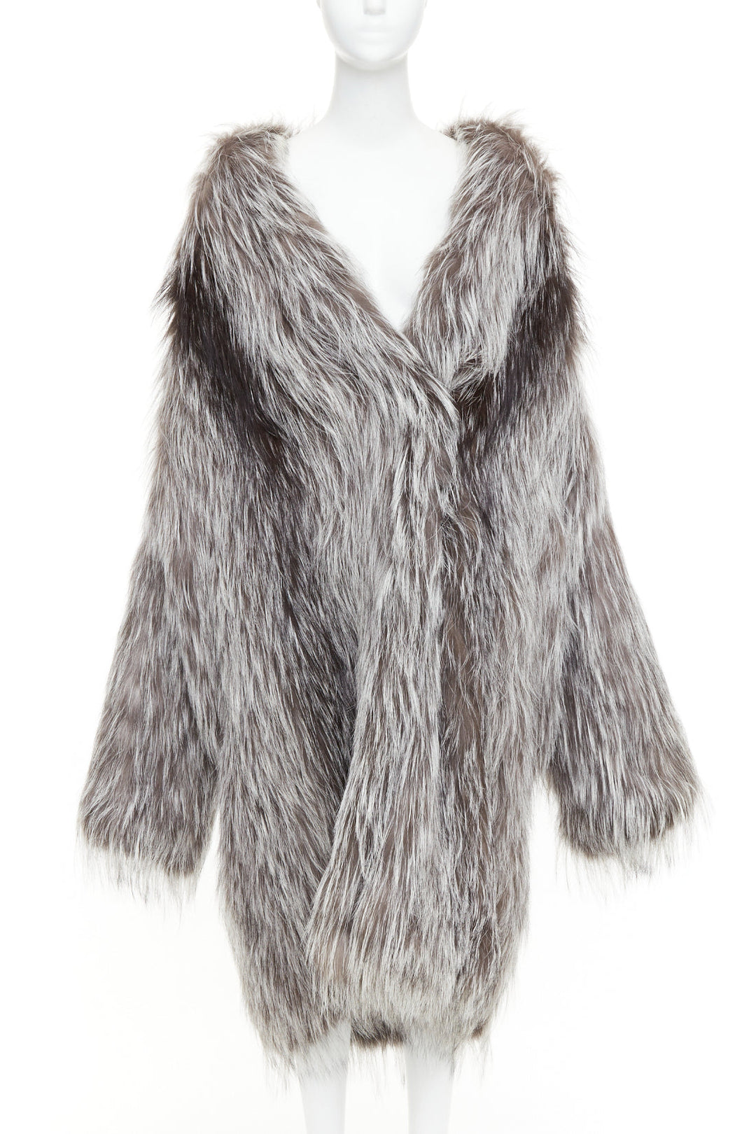 MICHAEL KORS COLLECTION brown grey real fur oversized drop sleeve long coat