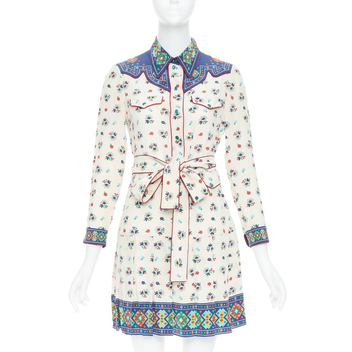 GUCCI 2016 navy cream 100% silk western print belted dress IT38 XS