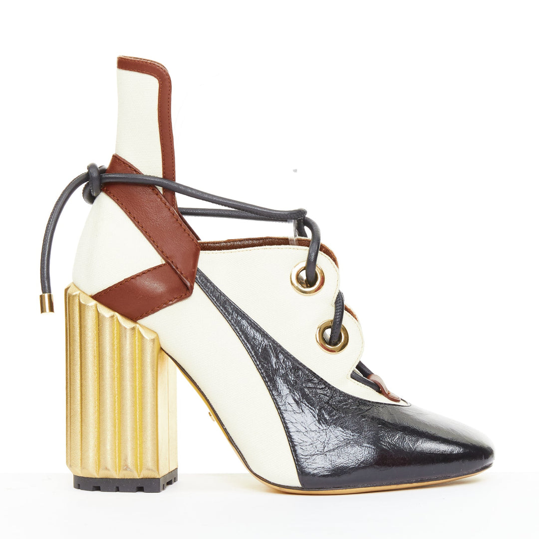 DIOR Raf Simons 2017 Runway gold fluted column heel brown laced ankle boots EU38
