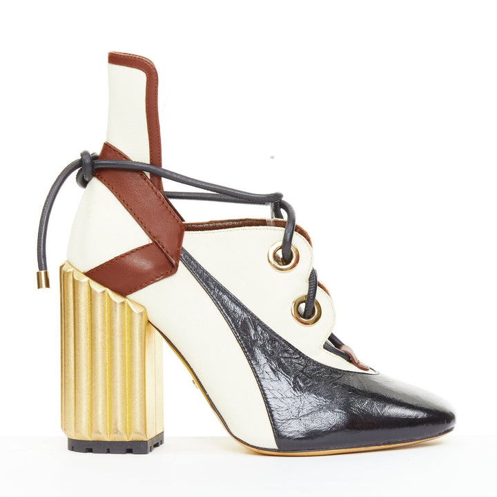 DIOR Raf Simons 2017 Runway gold fluted column heel brown laced ankle boots EU38