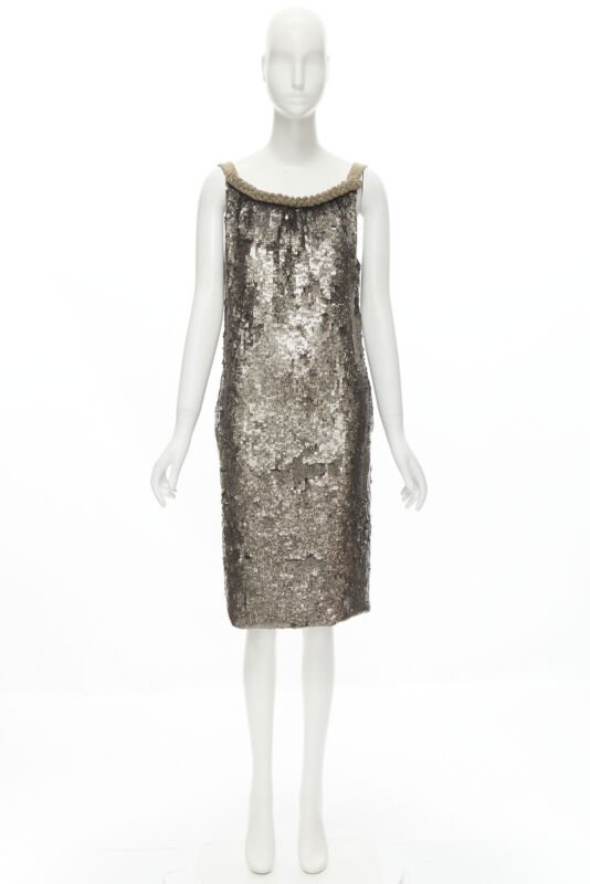 DRIES VAN NOTEN Vintage silver beaded braid neckline silver sequins dress FR40 M
