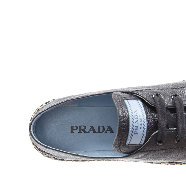 PRADA black leather signature logo double platform jute espadrille EU38.5