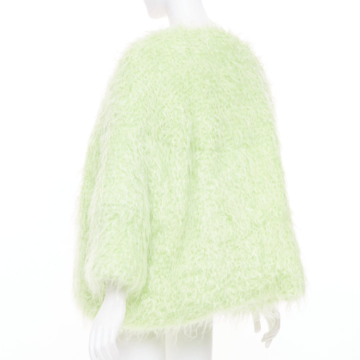 DRIES VAN NOTEN light green fuzzy mohair wool collarless loose open knit coat S