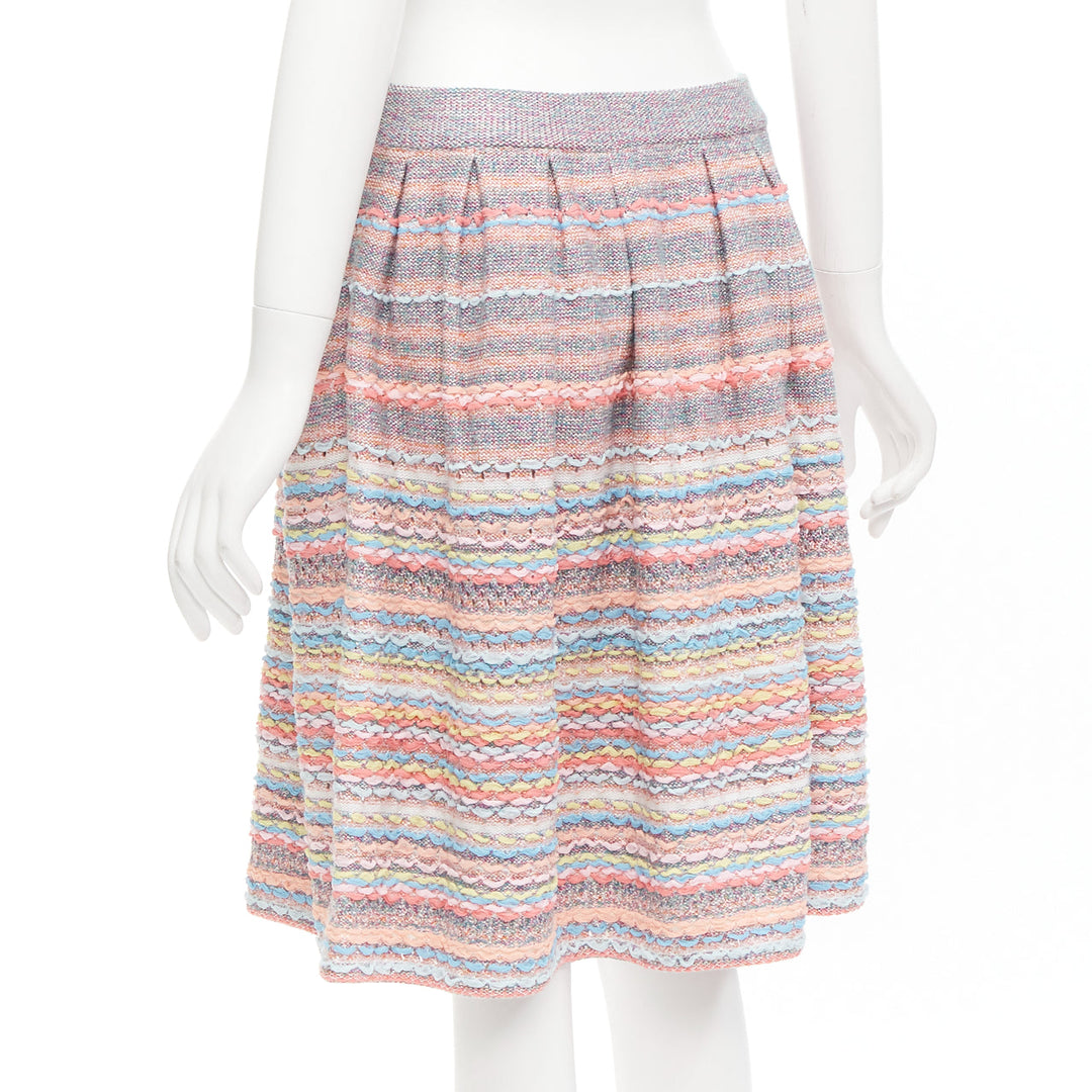 CHANEL 18P rainbow silk cotton cashmere ribbon tweed knee length skirt FR40 L