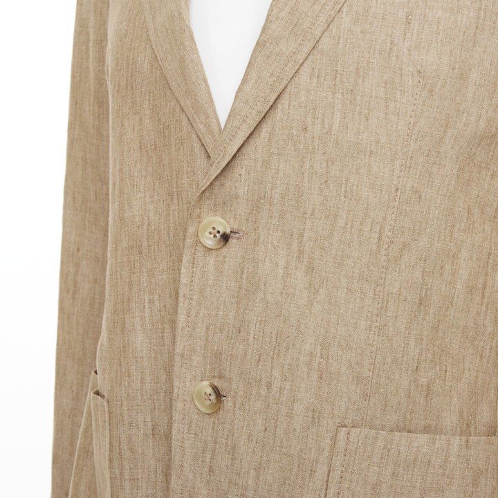PAOLONI brown textured slub linen notch lapel three button patch jacket EU46 S