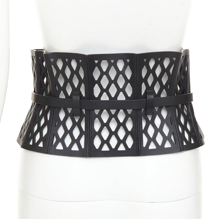CHRISTIAN DIOR 2020 Runway D-Trap black laser cut fishnet leather corset belt M