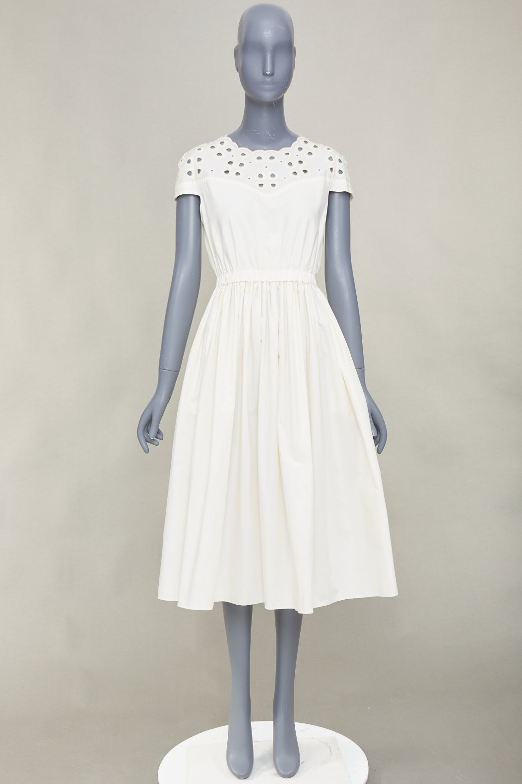 FENDI eyelet cutout scalloped yoke white cotton poplin midi dress IT40 S