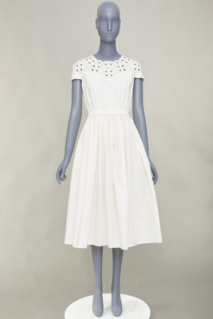FENDI eyelet cutout scalloped yoke white cotton poplin midi dress IT40 S