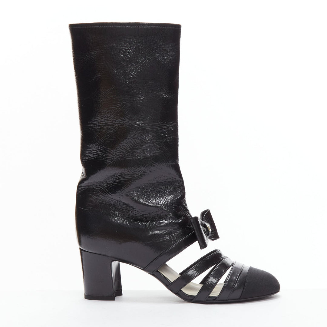 CHANEL 2023 Runway silver CC bow black leather cut out boots EU38.5