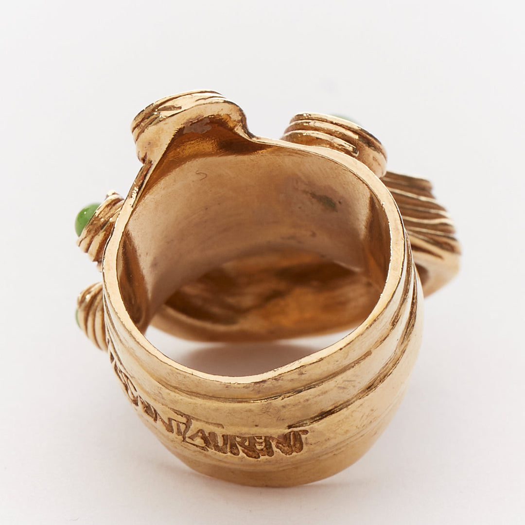 YVES SAINT LAURENT YSL Arty gold tone green cabochon enamel statement ring US7