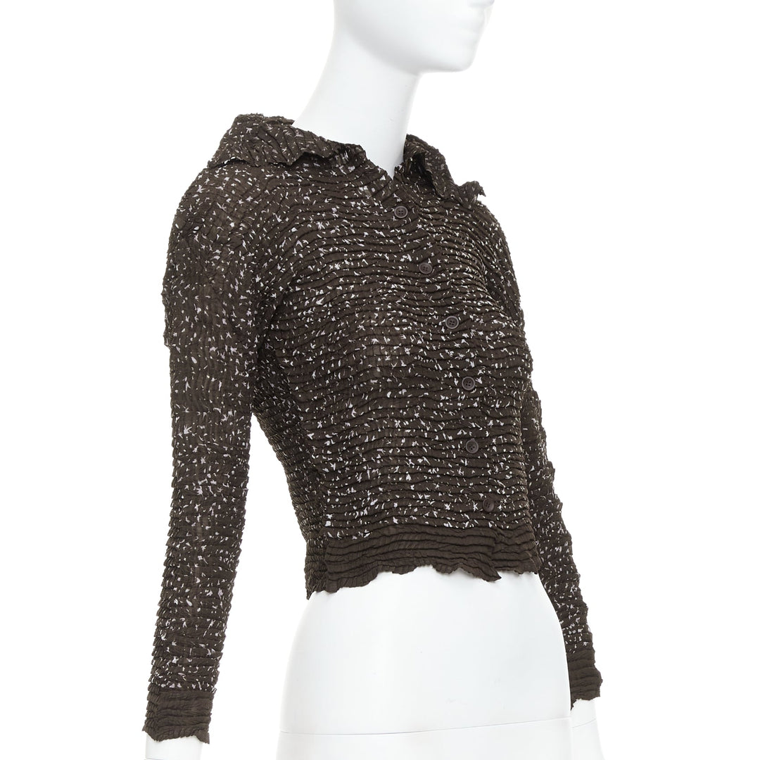 ISSEY MIYAKE brown speckle crinkled collared cropped shirt top M