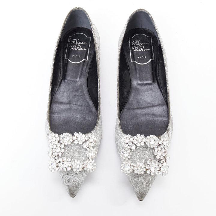 ROGER VIVIER silver glitter crystal buckle pointy toe ballerina flats EU37