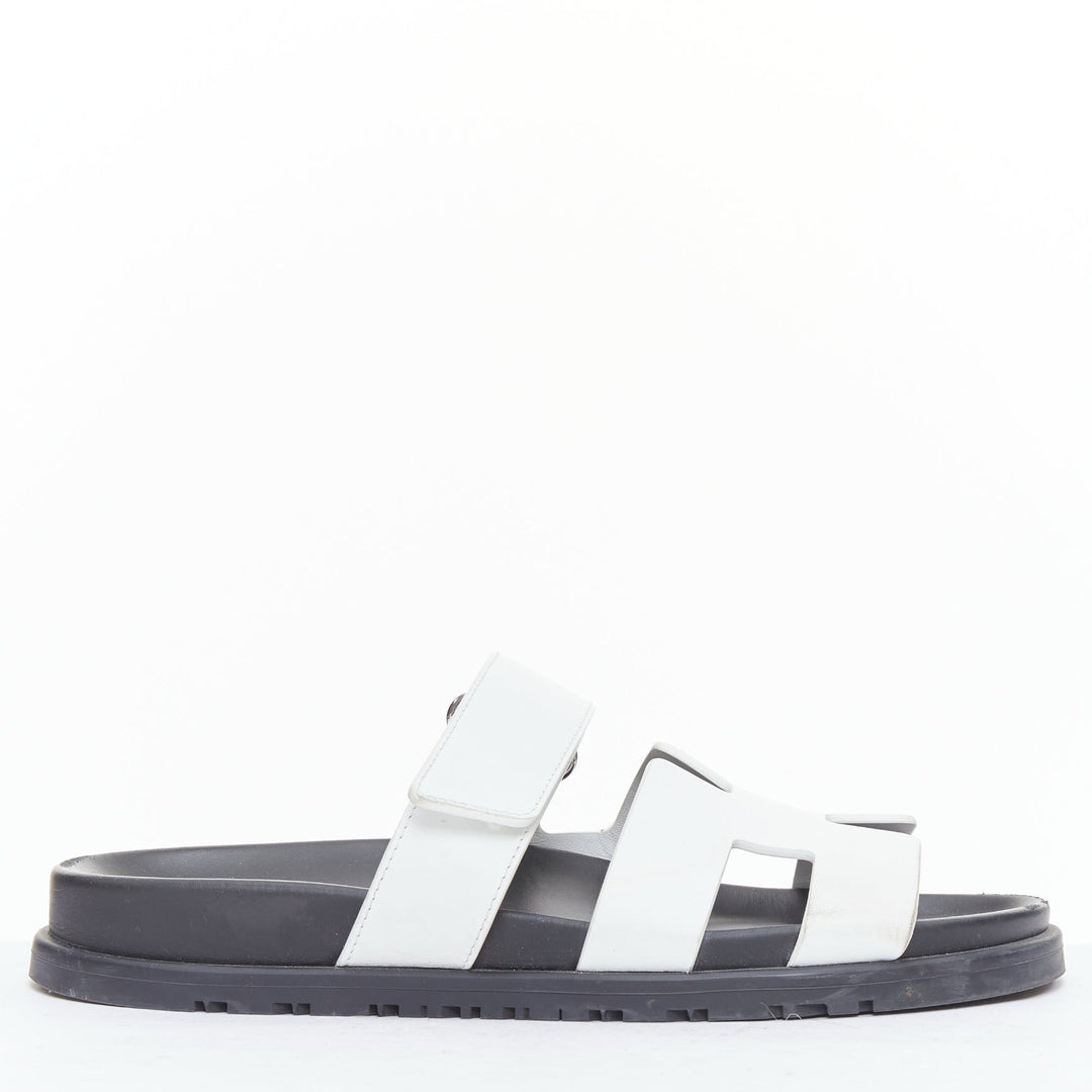 HERMES Chypre white leather H black techno sandals EU37