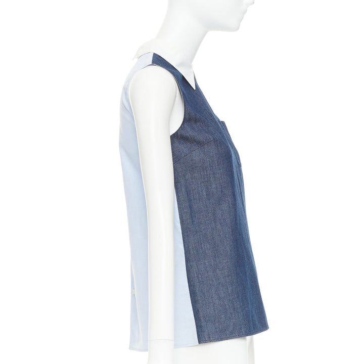 MIU MIU 2015 blue denim patchwork white collar pocket tunic shirt top IT38 XS