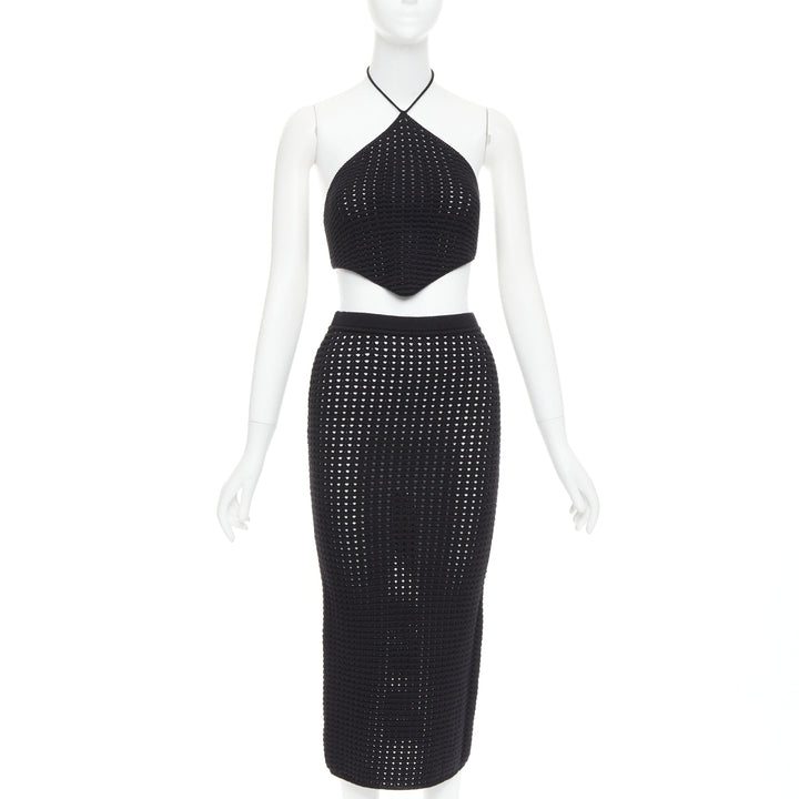 REFORMATION Circa black organically cotton open knit halter top skirt set XS