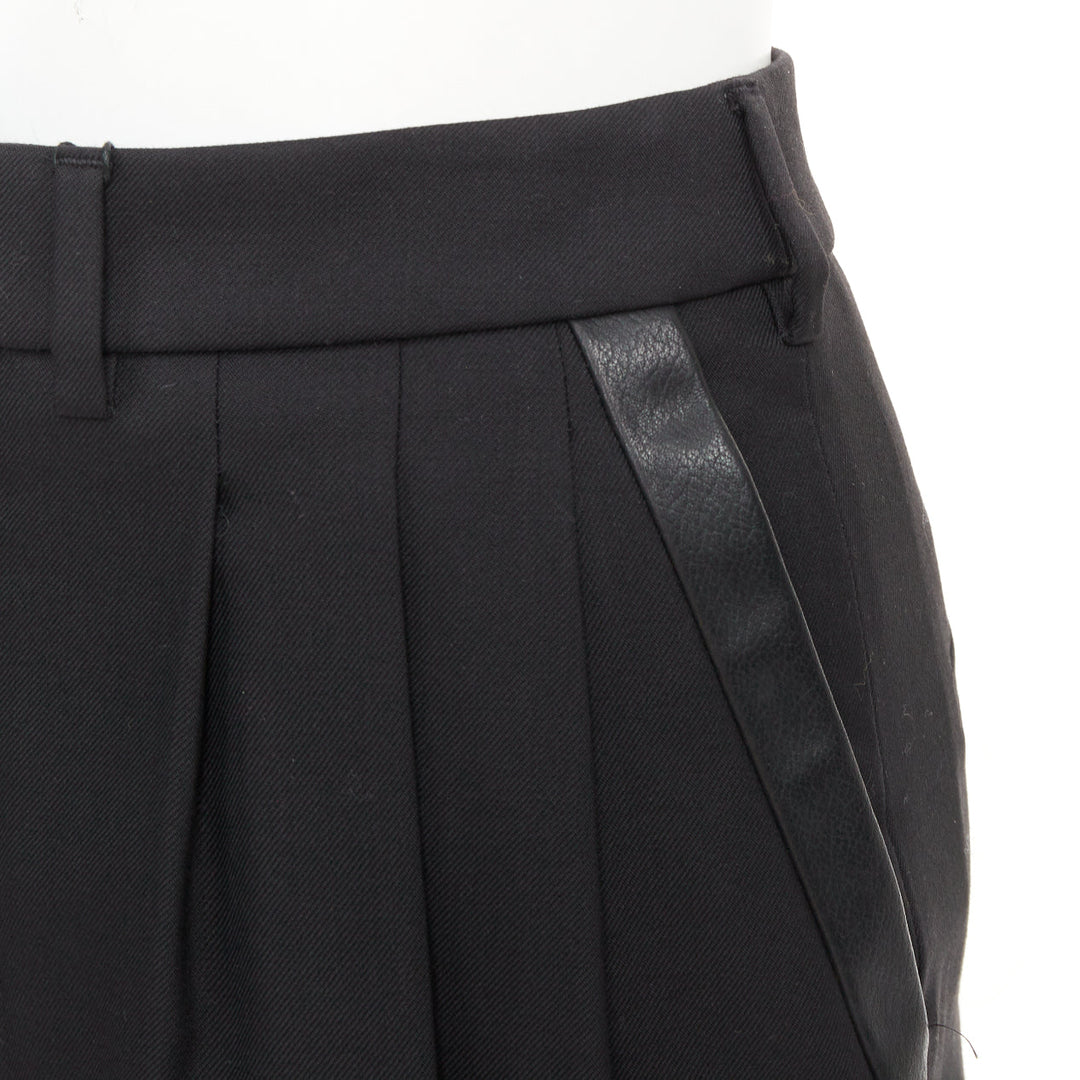 SAINT LAURENT 2012 black wool pleated high waist leather trim shorts FR36 S
