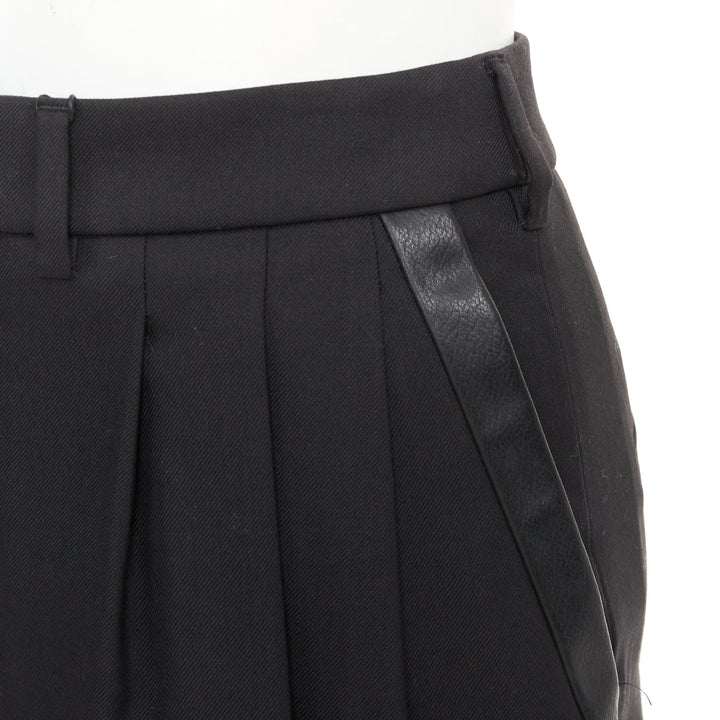 SAINT LAURENT 2012 black wool pleated high waist leather trim shorts FR36 S