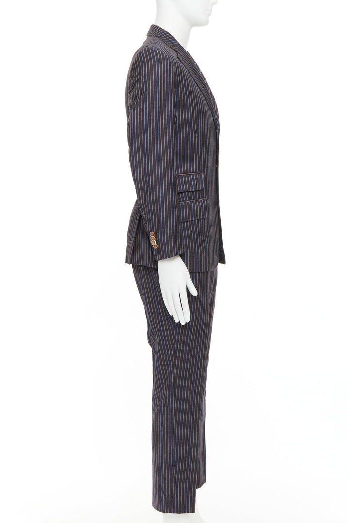 ETRO grey brown multi pinstripe single breasted cropped blazer pants set IT52 XL