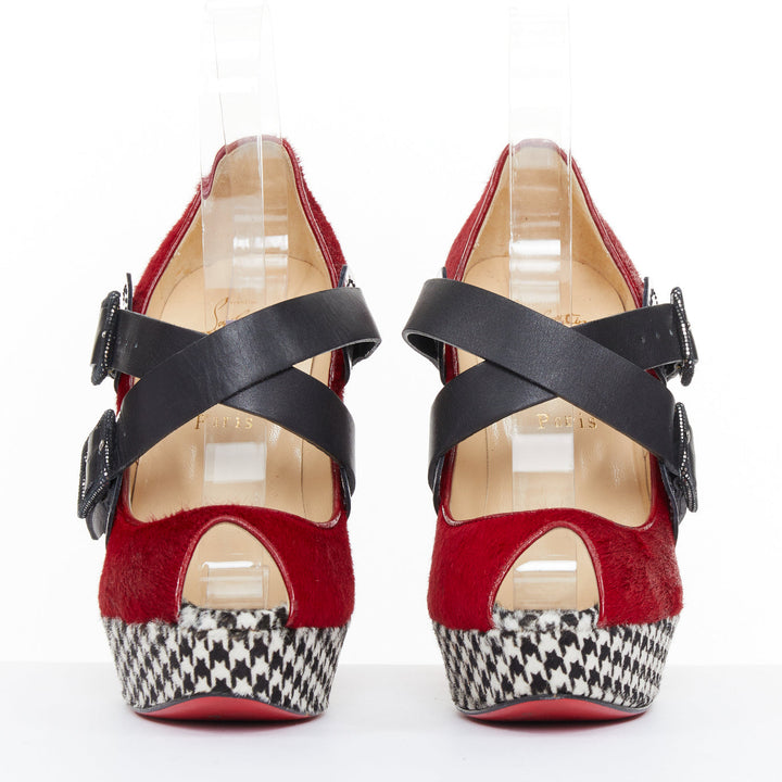 CHRISTIAN LOUBOUTIN Bikiki 140 red houndstooth calf hair platform heels EU38