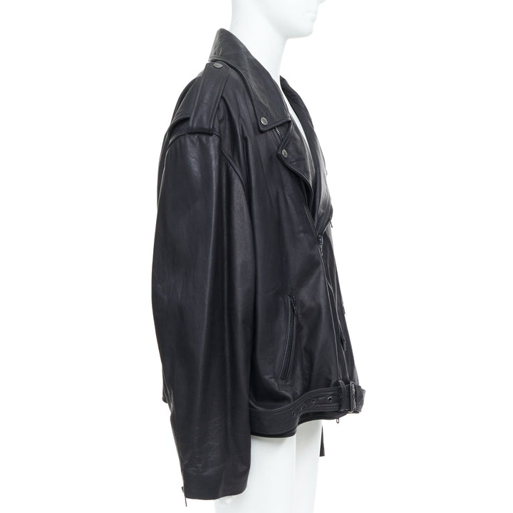 BALENCIAGA 2024 Demna black super oversized cowhide leather moto biker jacket L