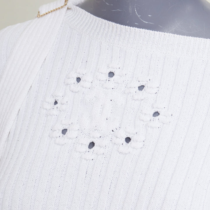 CHANEL white ribbed cotton knit CC logo buckle sash sweater FR36 S