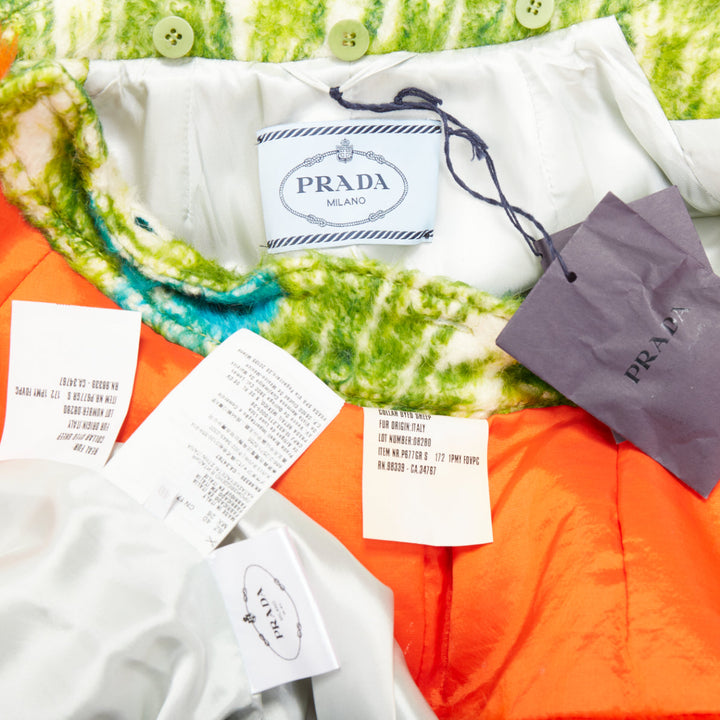 PRADA 2017 Runway alpaca wool felt green floral orange fur collar coat IT40 S