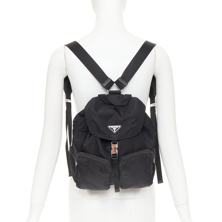 PRADA Re-Nylon Technical black silver logo triangle buckle small backpack bag